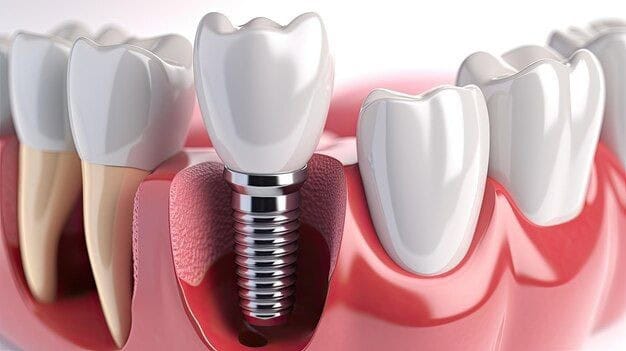Impianto dentale con corona in evidenza, mostra la protesi su radice artificiale.