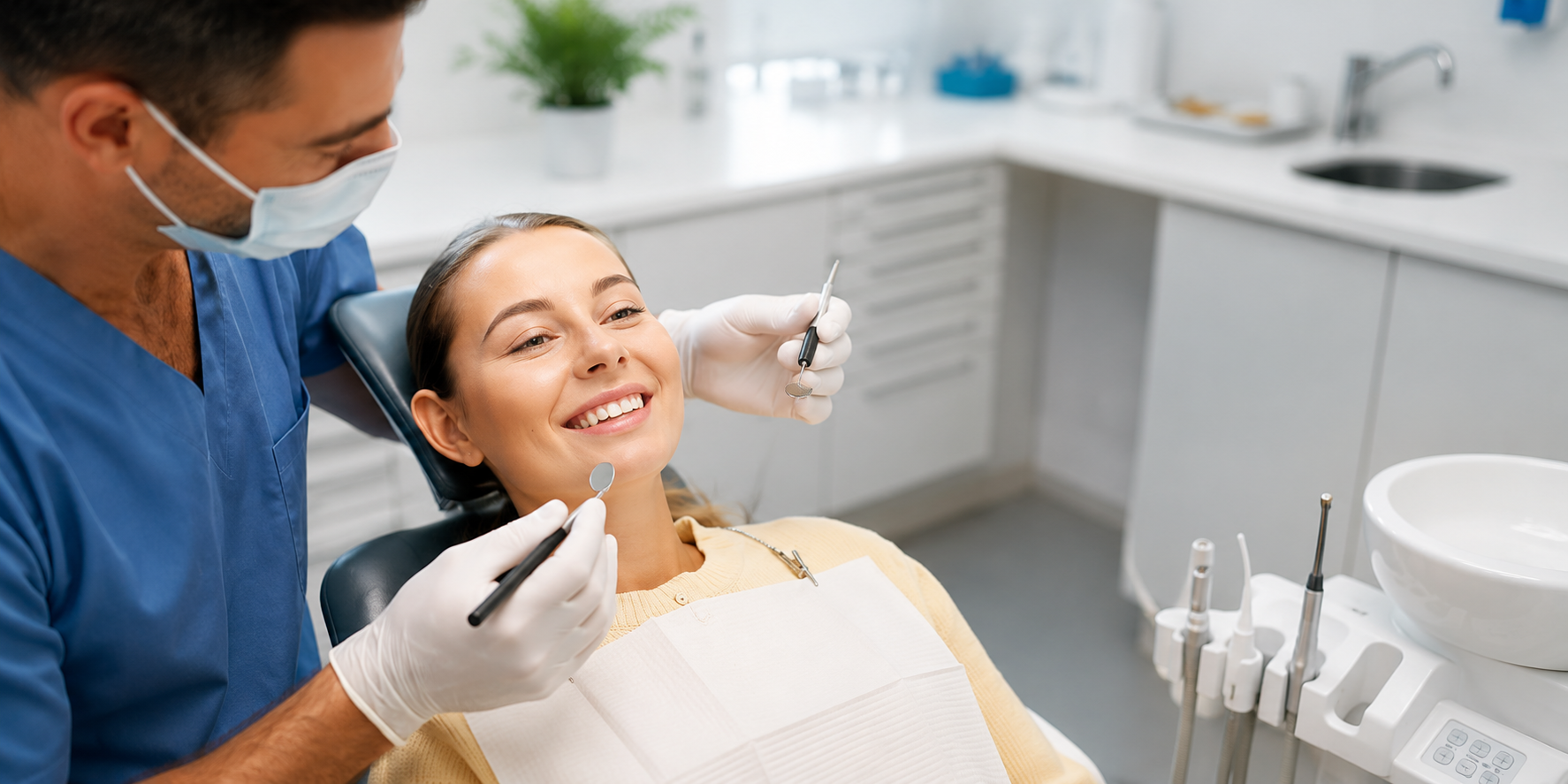 Dentiste examinant et soignant une patiente souriante en cabinet.