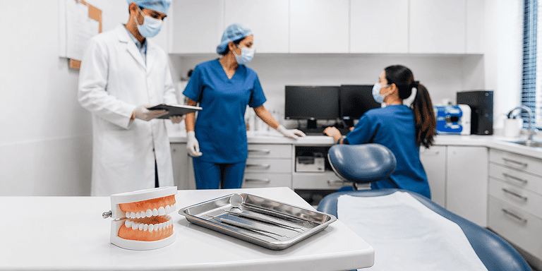 Dentiste et assistant parlant avec un patient en cabinet dentaire.