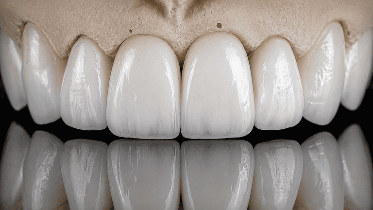 Dents antérieures avec couronnes en céramique blanche et naturelle.