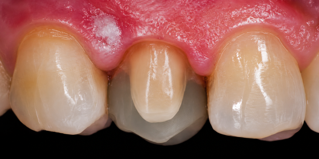 Denti anteriori con carie e gengive infiammate.
