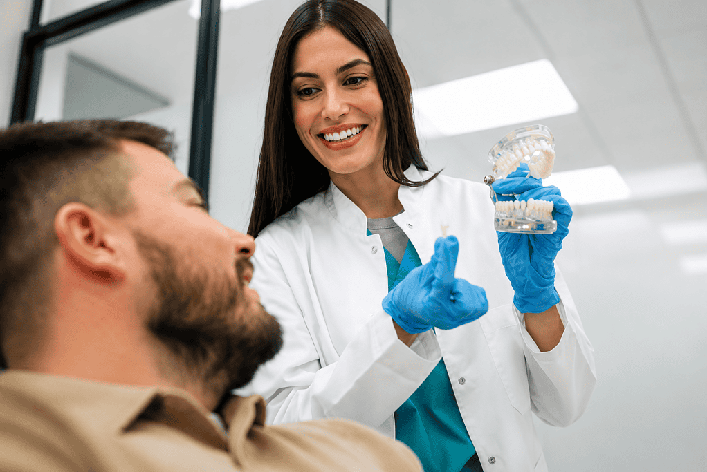 Dentista mostra un modello di denti a un paziente in studio dentistico.