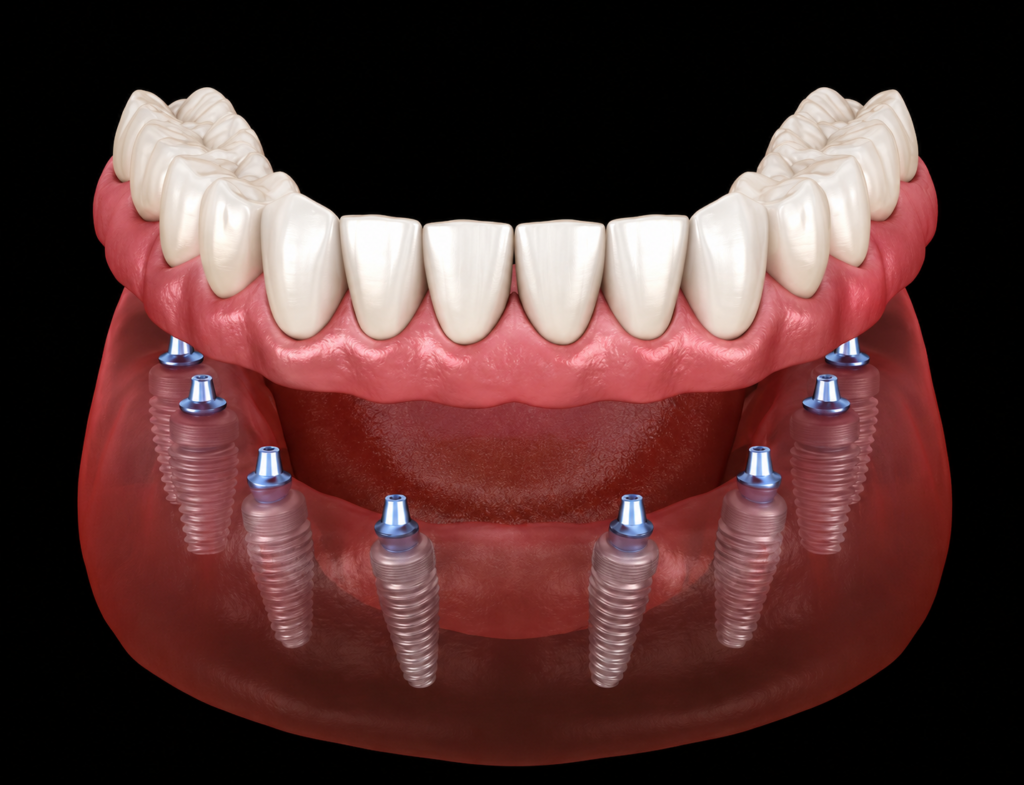 Impianti dentali con protesi su arcata inferiore.