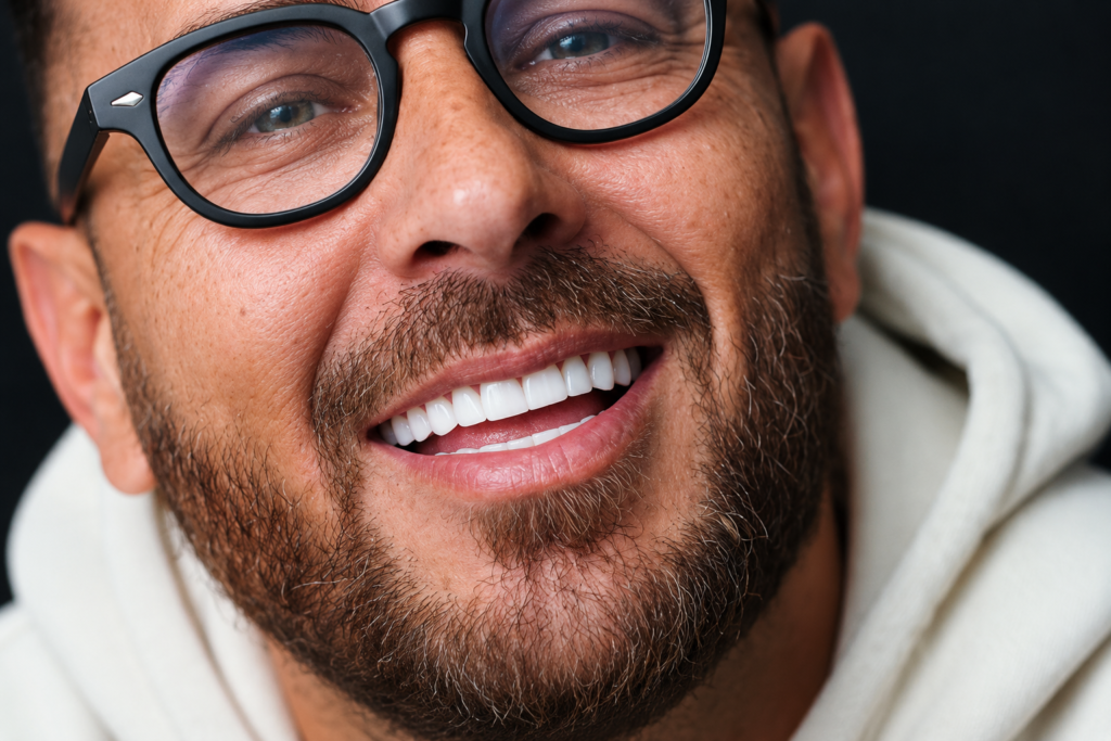 Uomo con occhiali che sorride mostrando denti bianchi.