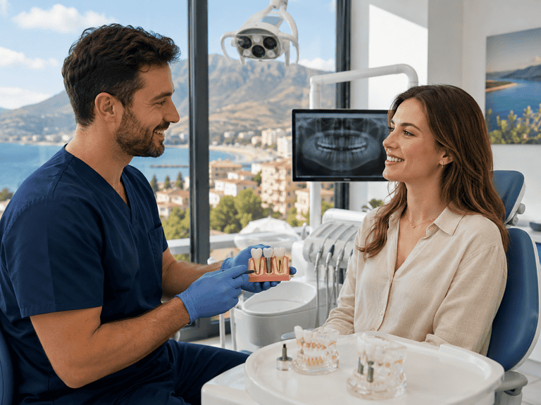 Dentista mostra modello di denti a paziente in studio moderno con vista mare.