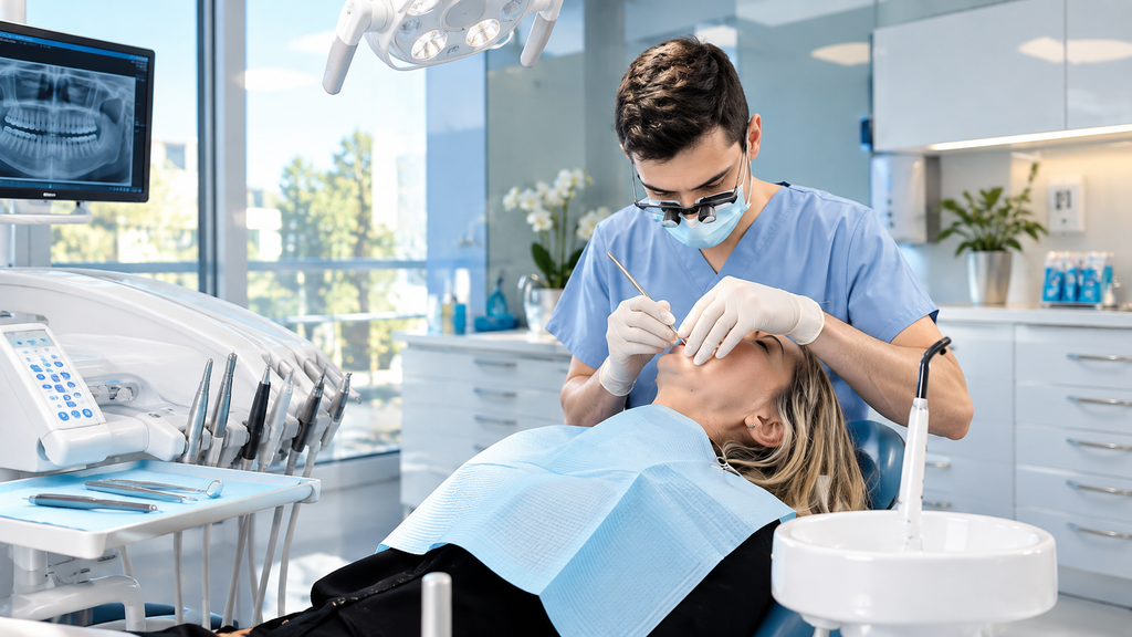 Dentista che cura un paziente in uno studio dentistico moderno.