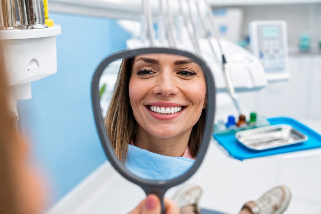 Donna felice che si guarda allo specchio dentale in studio dentistico.
