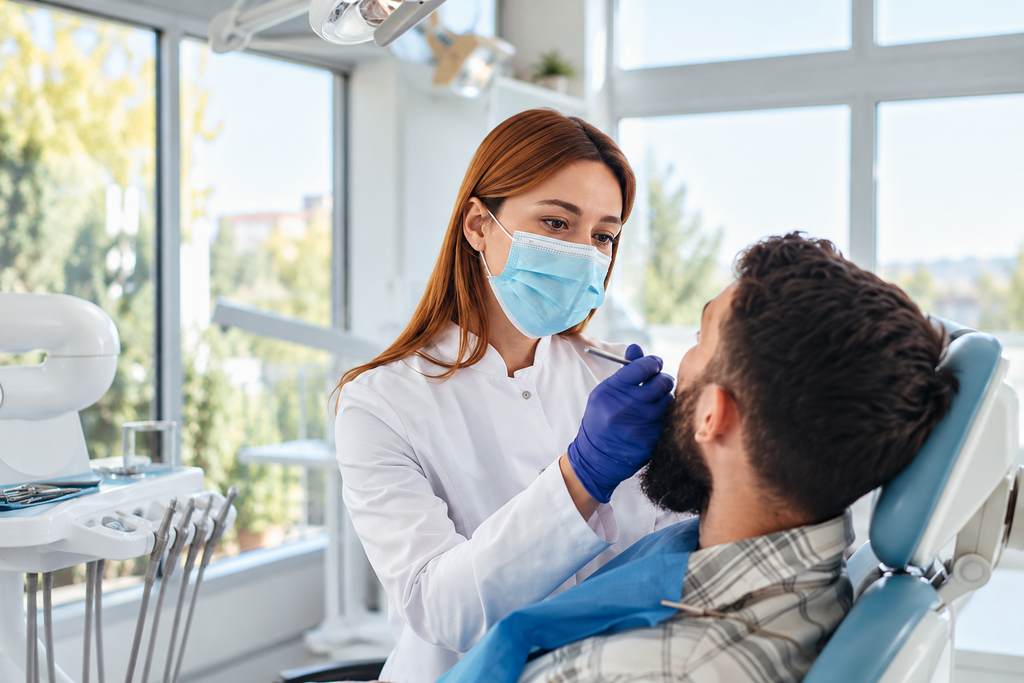 Dentista con mascherina che controlla la bocca di un paziente.