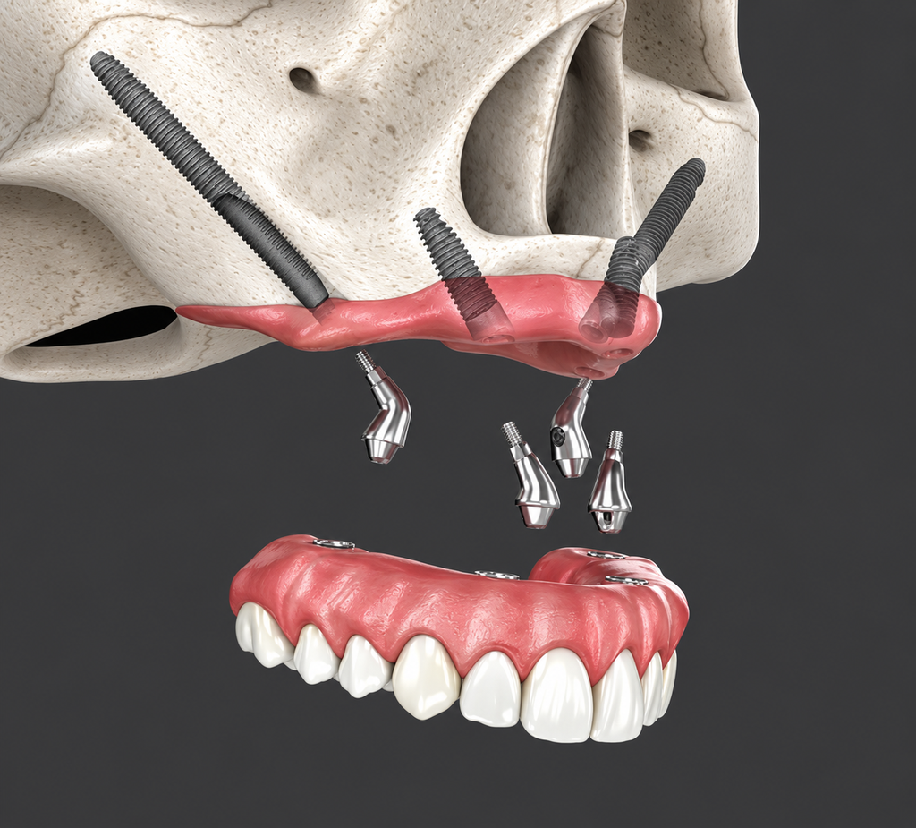Modello di mascella con impianti dentali e protesi removibile.