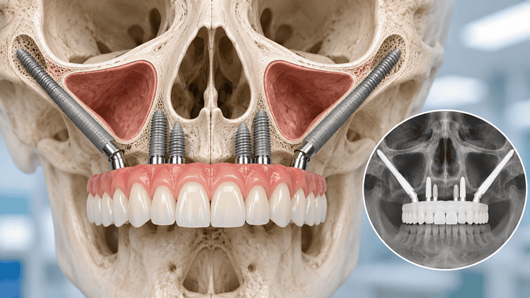 Immagine di un modello di mascella con impianti dentali e protesi.