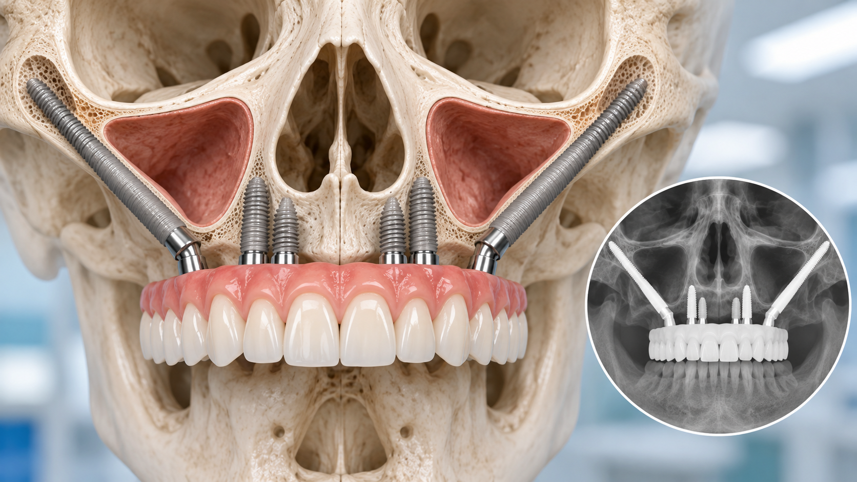 Immagine di un modello di mascella con impianti dentali e protesi.