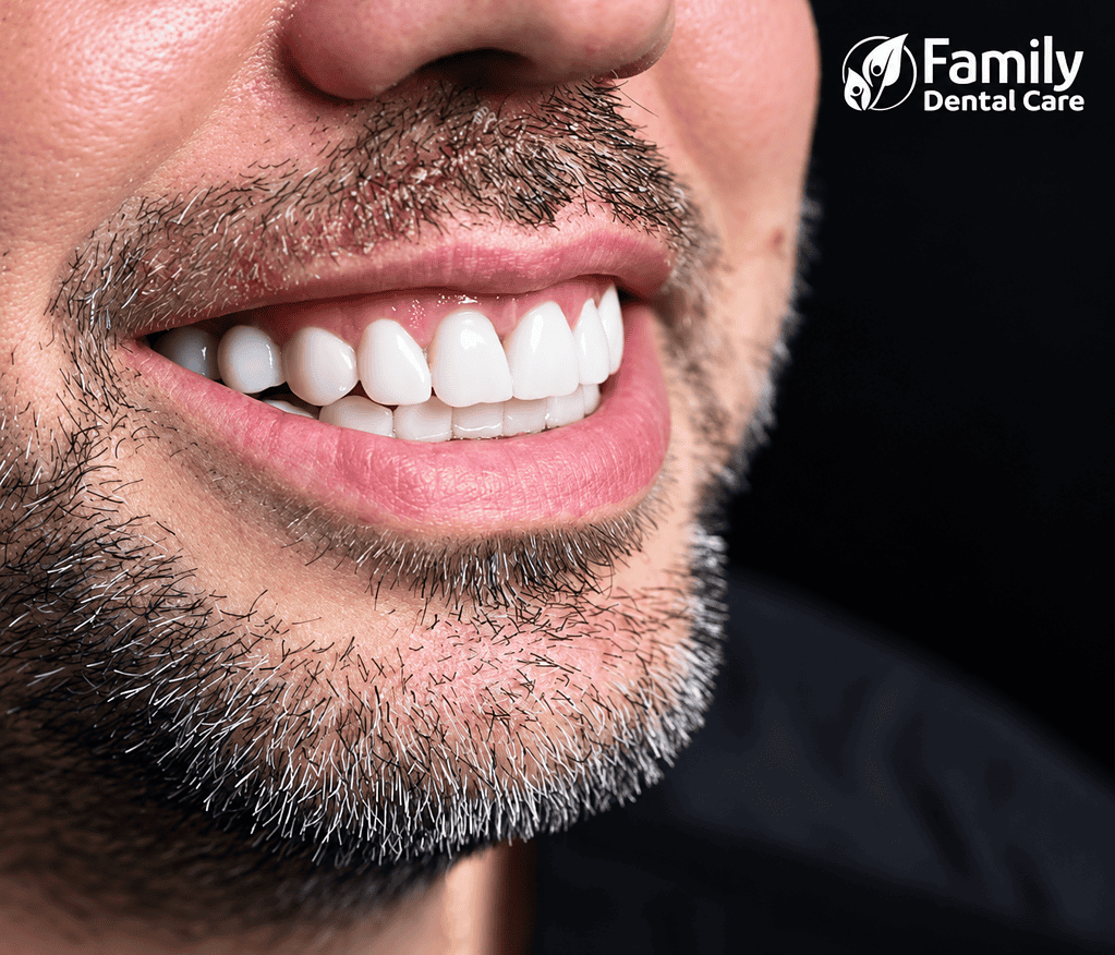 Sorriso con denti bianchi e gengive sane, primo piano.