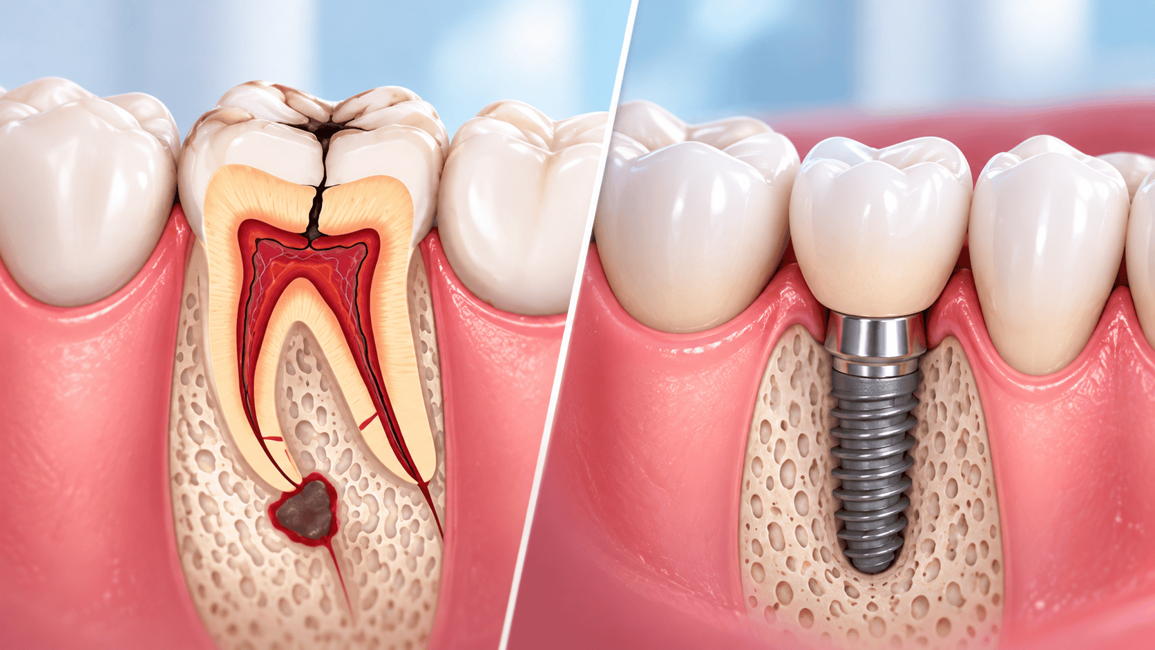 Immagine che mostra un trattamento canalare e un impianto dentale.